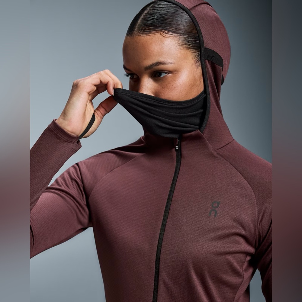 On Running Women's Maroon Hooded Zip Jacket with Built-In Face Mask